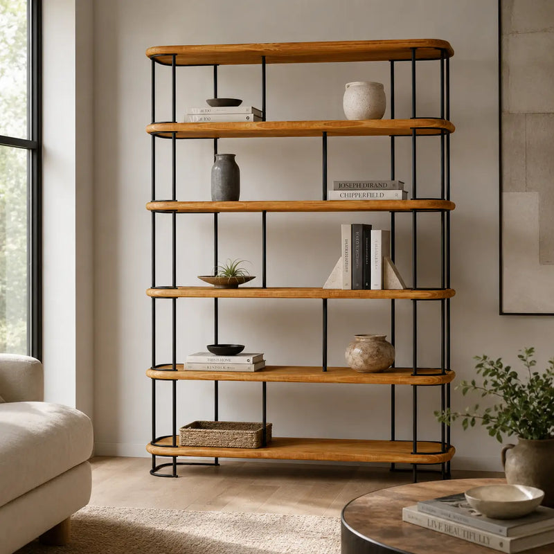 Ellis Mid Century Bookshelf | 6 Shelves Pine Wood Design