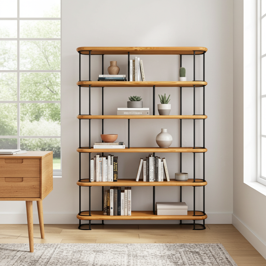 Ellis Mid Century Bookshelf | 6 Shelves Pine Wood Design with black metal frame legs, styled with books and home decor in a bright, modern room.