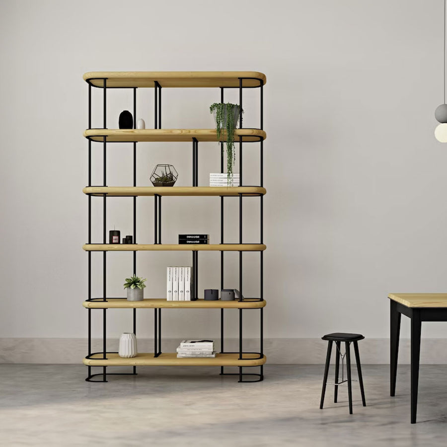 The Ellis Mid Century Bookshelf offers a blend of pine wood shelves and a sturdy metal frame for a rustic yet modern look.