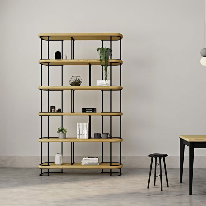 The Ellis Mid Century Bookshelf offers a blend of pine wood shelves and a sturdy metal frame for a rustic yet modern look.