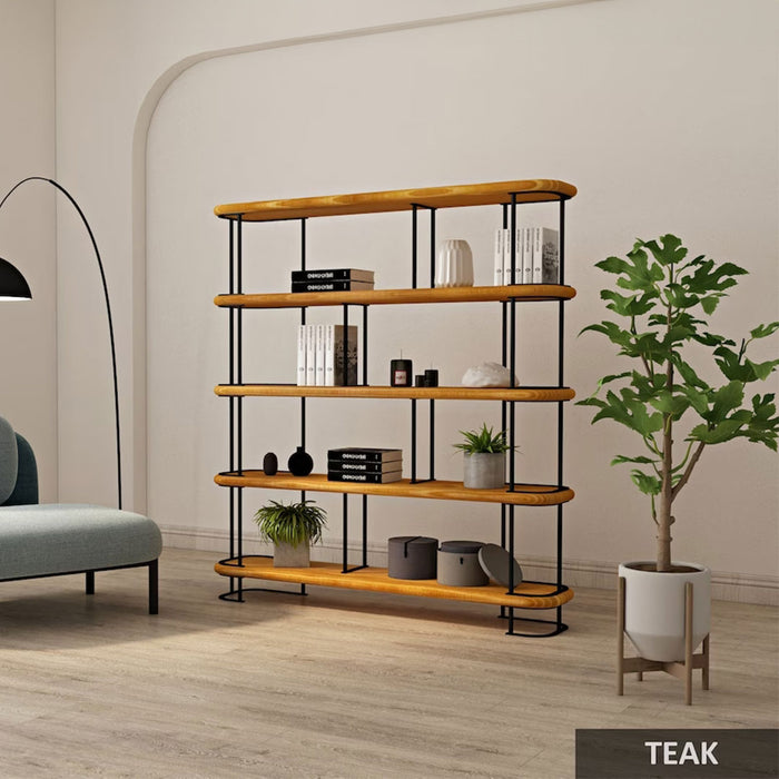 The metal frame of the Ellis bookshelf contrasts beautifully with the light pine wood, offering a durable, stylish storage solution.