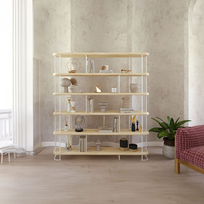 Styled living room setting featuring the bookshelf, blending seamlessly with mid-century modern décor.