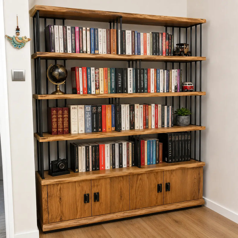 Fargo Solid Pine Wood Bookcase with Cabinet Storage – Industrial Metal Frame Design
