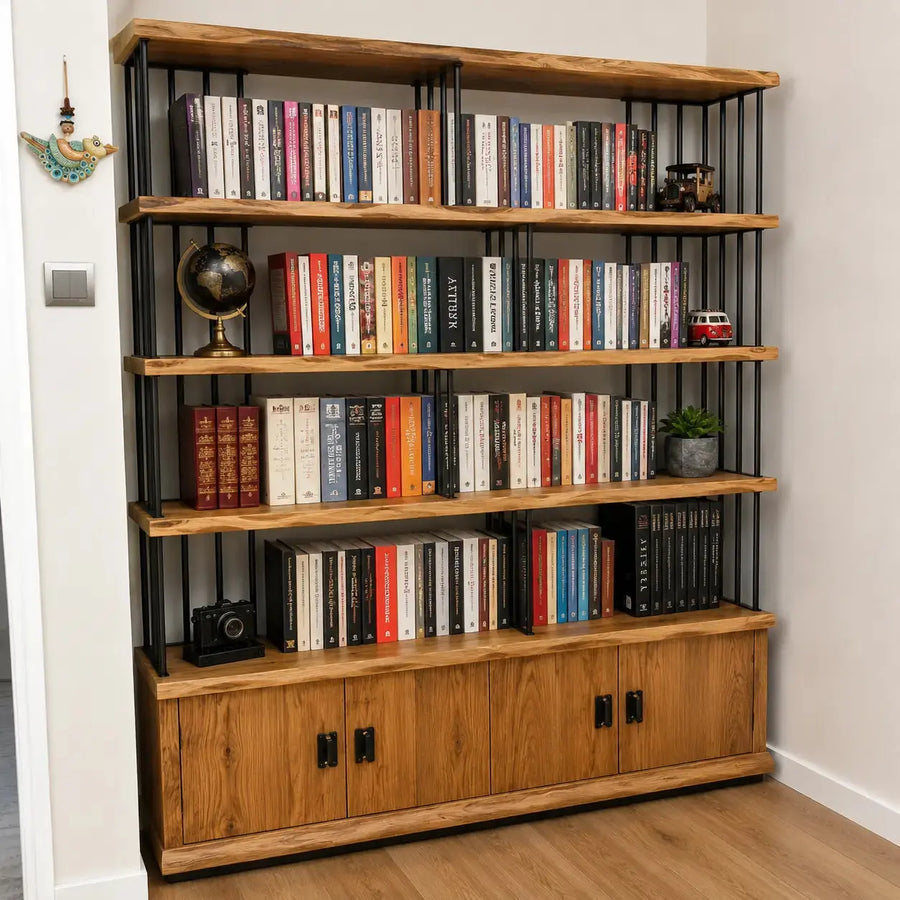 Fargo Solid Pine Wood Bookcase with Cabinet Storage – Industrial Metal Frame Design Mozilya