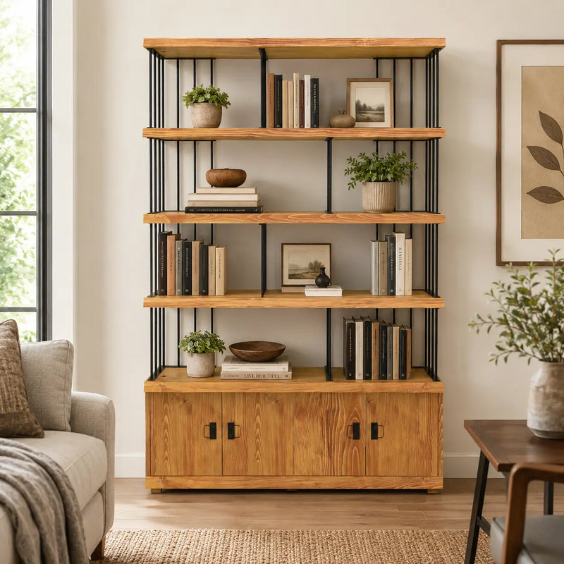 Fargo Solid Pine Wood Bookcase with Cabinet Storage – Industrial Metal Frame Design