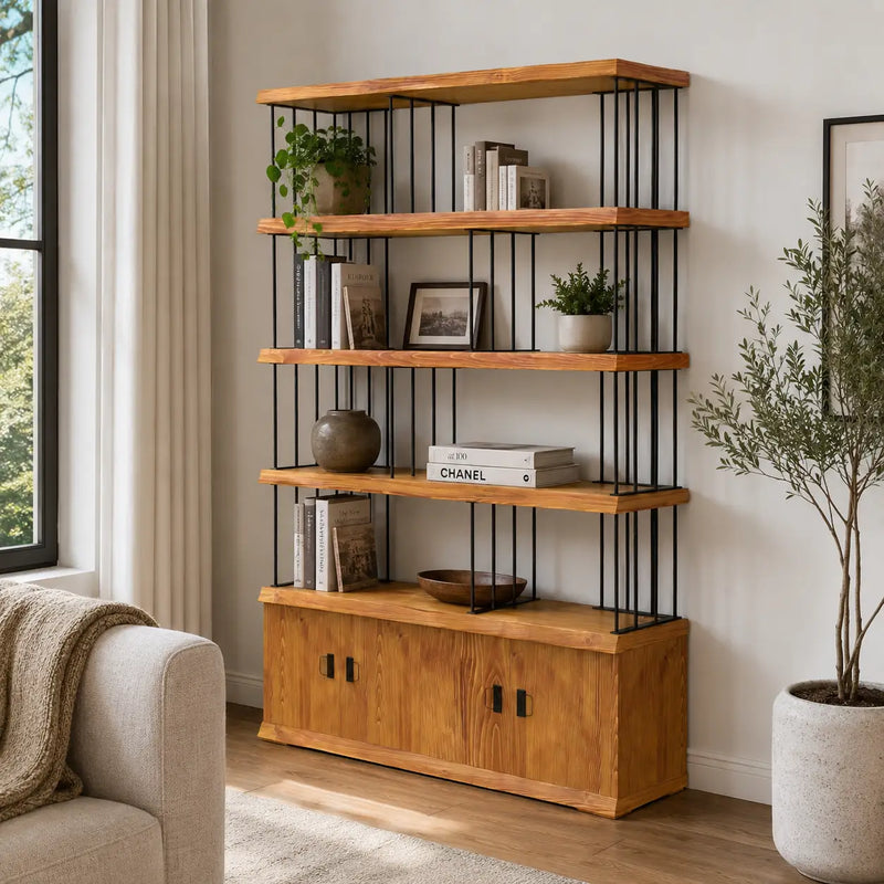 Fargo Solid Pine Wood Bookcase with Cabinet Storage – Industrial Metal Frame Design
