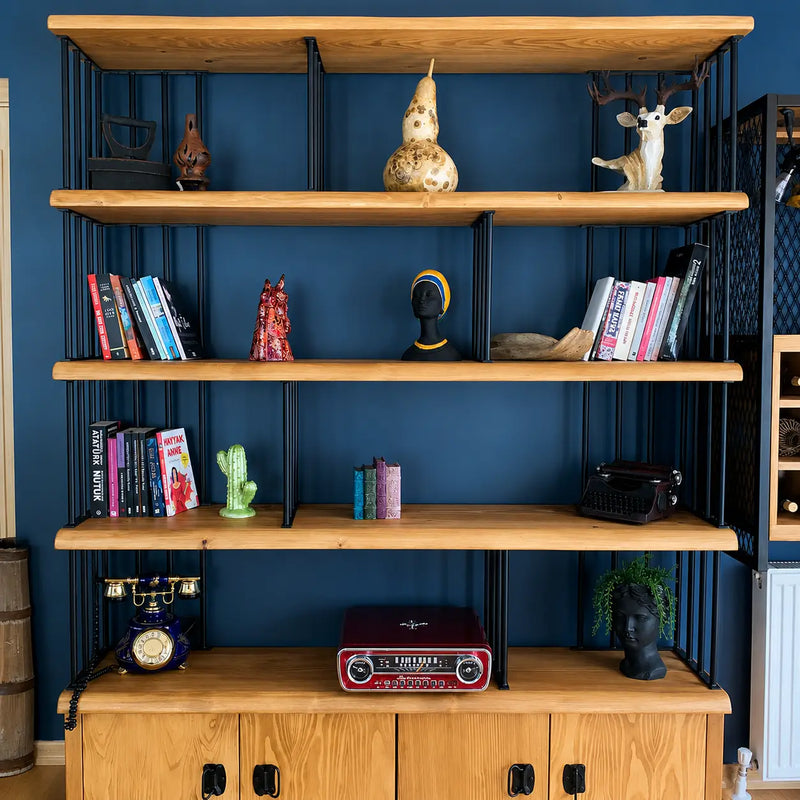 Fargo Solid Pine Wood Bookcase with Cabinet Storage – Industrial Metal Frame Design
