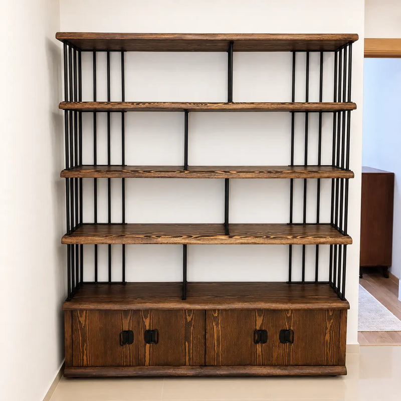 Fargo Solid Pine Wood Bookcase with Cabinet Storage – Industrial Metal Frame Design
