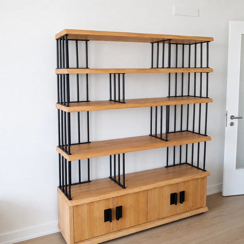 Fargo Solid Pine Wood Bookcase with Cabinet Storage – Industrial Metal Frame Design