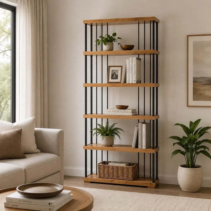 Fargo Metal Wood Bookcase | 6 Shelves Farmhouse Design