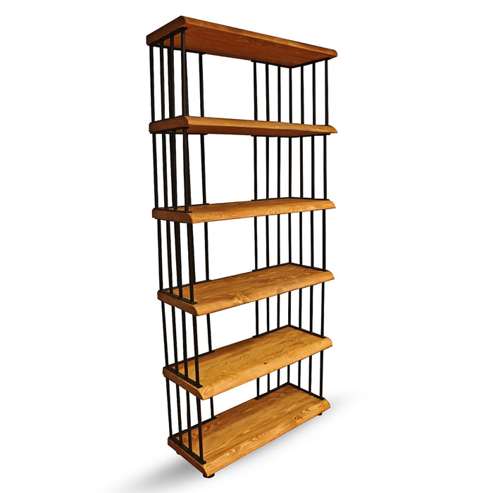 Angle shot of the Fargo Metal Wood Bookcase highlighting its farmhouse design and sturdy structure.