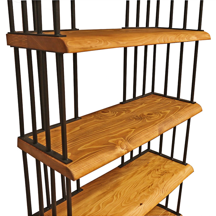 Detailed image showing the sturdy metal frame and natural wood finish of the bookcase.