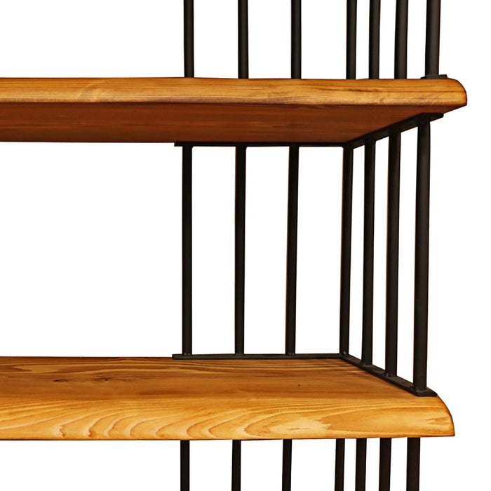Close-up of the upper shelves of the Fargo Metal Wood Bookcase, displaying decorative items.