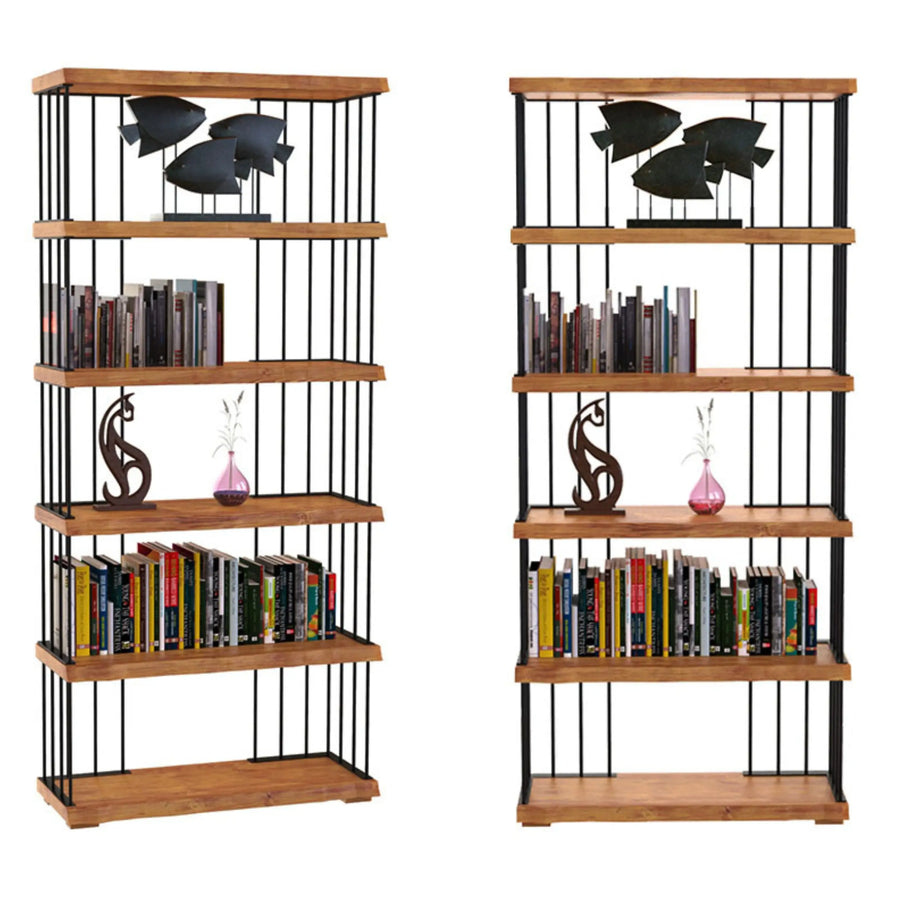 Side-by-side comparison of the bookcase’s metal frame and wooden shelves.