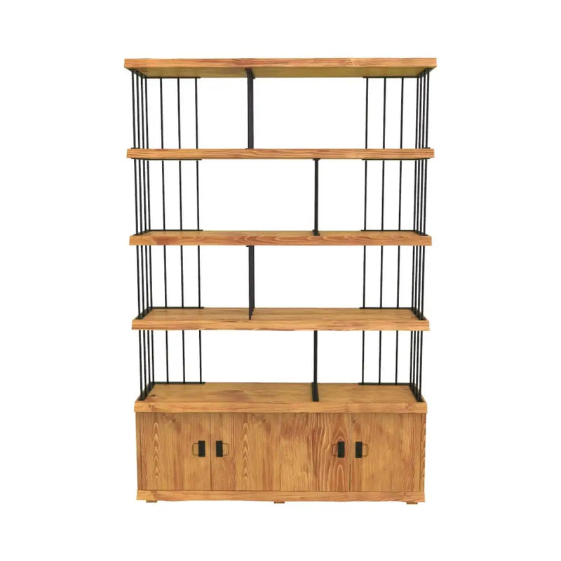 Fargo Solid Pine Wood Bookcase with Cabinet Storage – Industrial Metal Frame Design