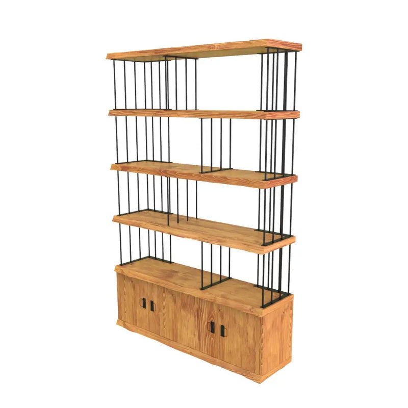 Fargo Solid Pine Wood Bookcase with Cabinet Storage – Industrial Metal Frame Design