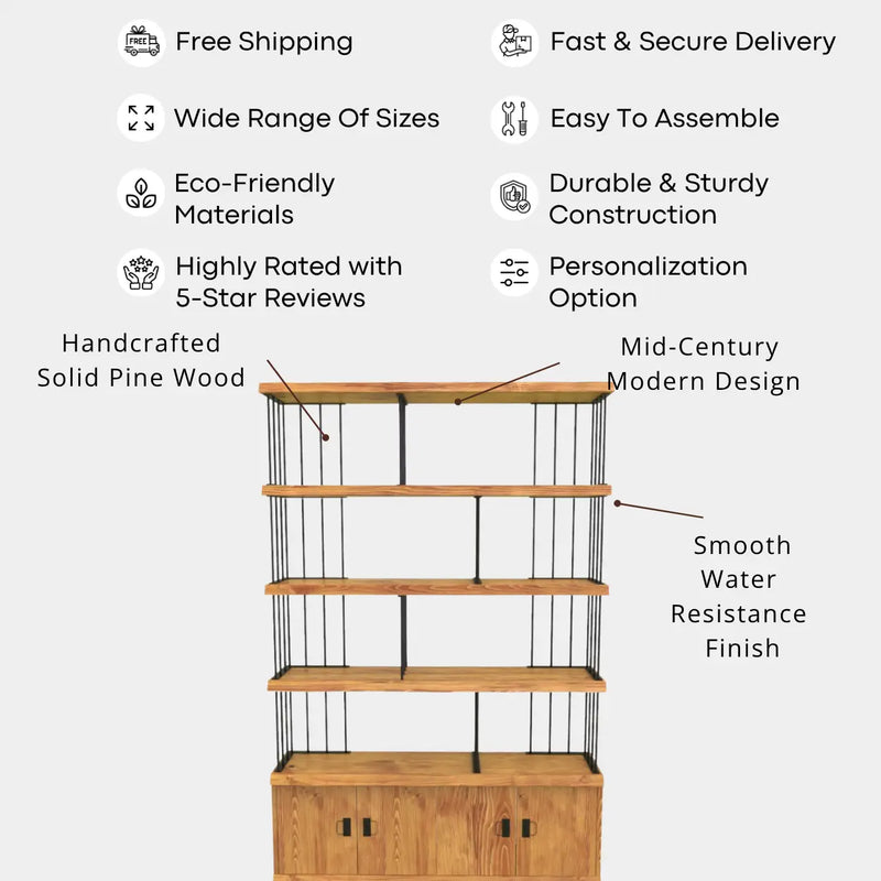 Fargo Solid Pine Wood Bookcase with Cabinet Storage – Industrial Metal Frame Design