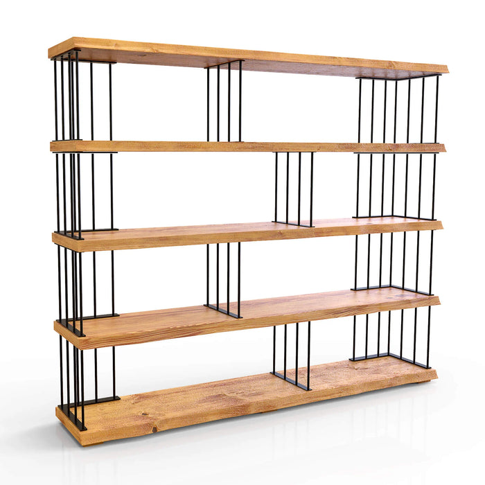 Fargo bookcase positioned in a living room, displaying books and decor on its wide solid wood shelves.