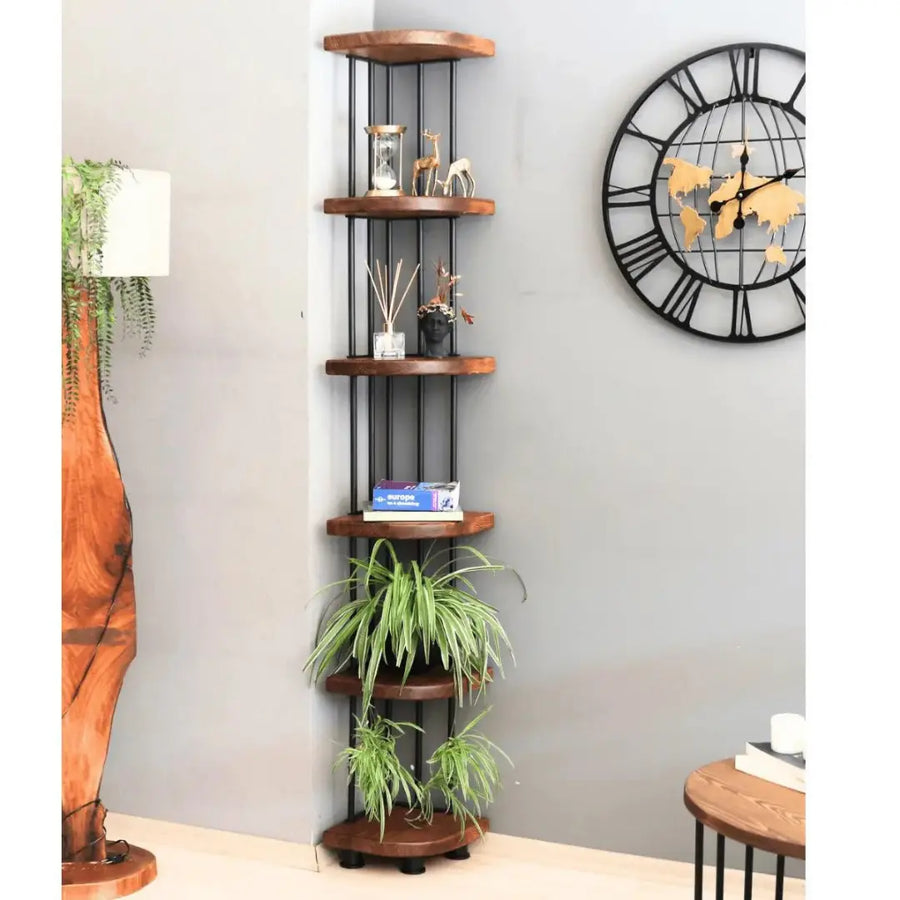 Fargo solid wood corner bookcase in a modern design with metal accents, displayed in a cozy living room.