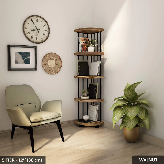 Fargo corner bookcase featuring five-tier solid wood shelving perfect for organizing any space.