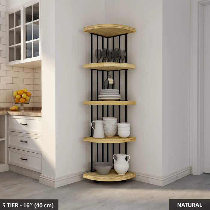 Fully stocked Fargo corner bookcase against a neutral wall, blending practicality and aesthetics.