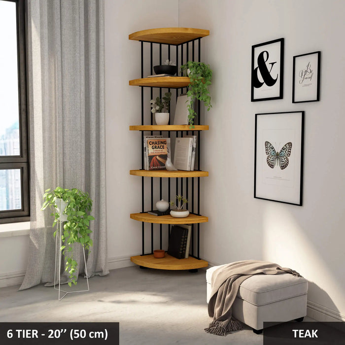 Fargo solid wood corner bookcase styled with vases, books, and picture frames for a homely feel.