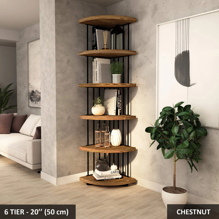 Compact Fargo corner bookcase ideal for small spaces, shown in a bright room.