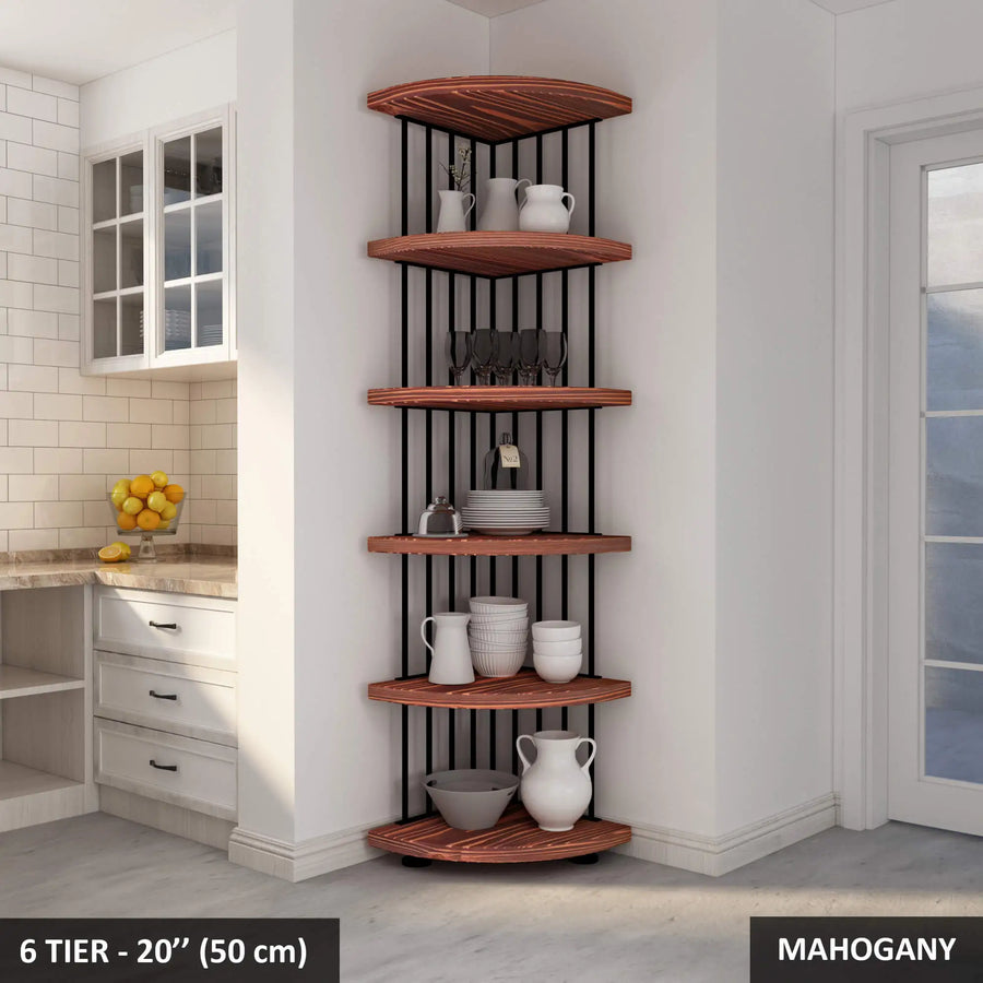 Rustic yet modern Fargo solid wood corner bookcase with adjustable shelving for versatile storage.