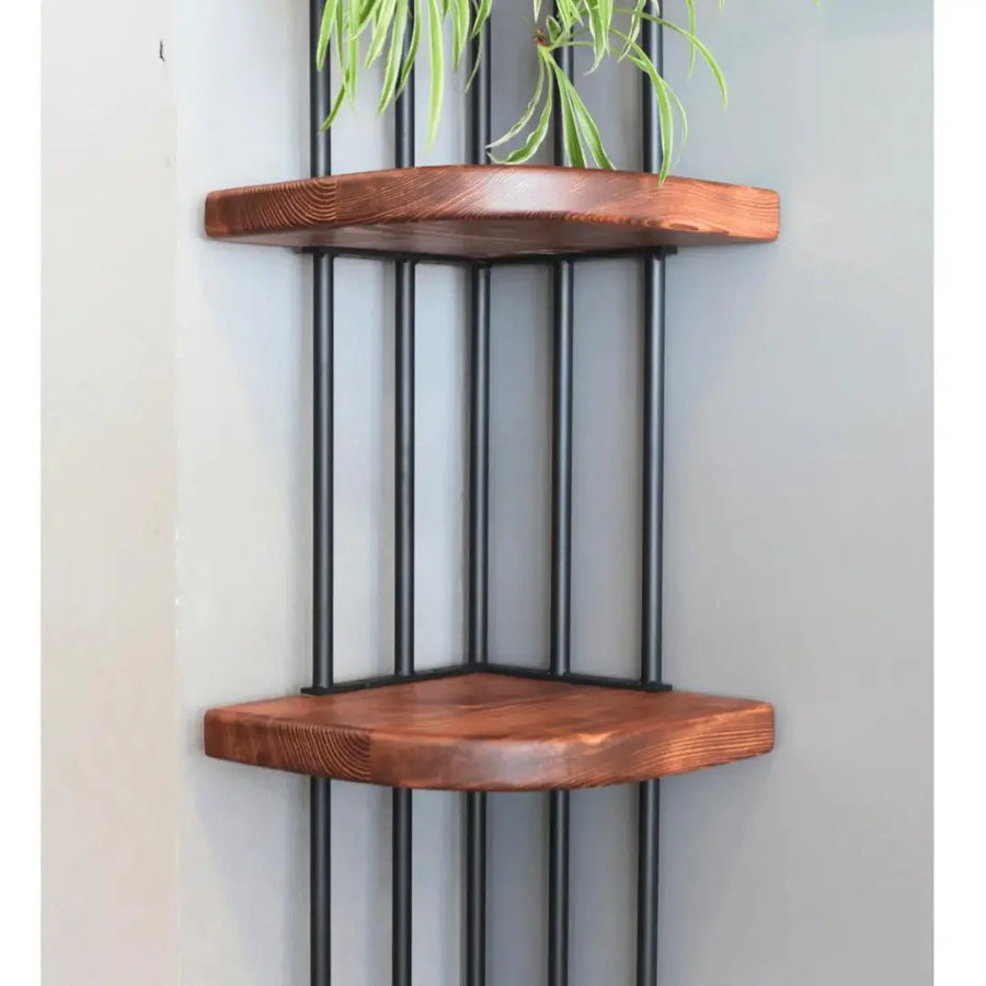 Close-up of the Fargo corner bookcase showing its solid pine wood shelves and sturdy metal frame.