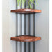 Close-up of the Fargo corner bookcase showing its solid pine wood shelves and sturdy metal frame.