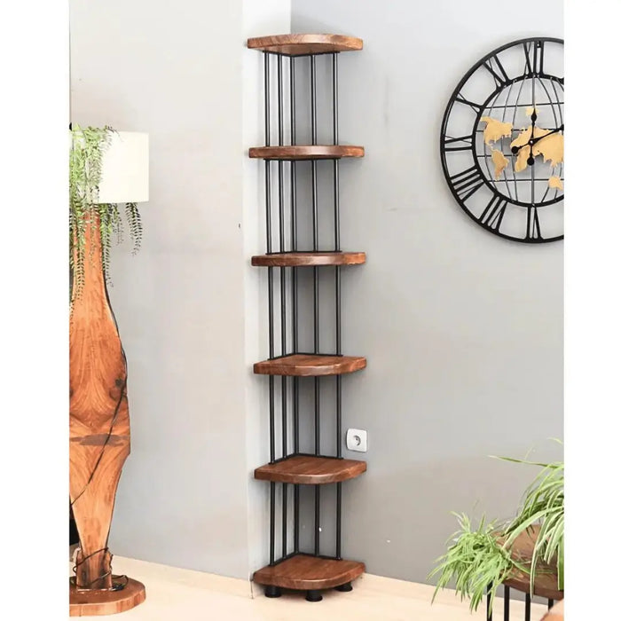 Stylish Fargo corner bookcase filled with books and decorative items in a contemporary space.