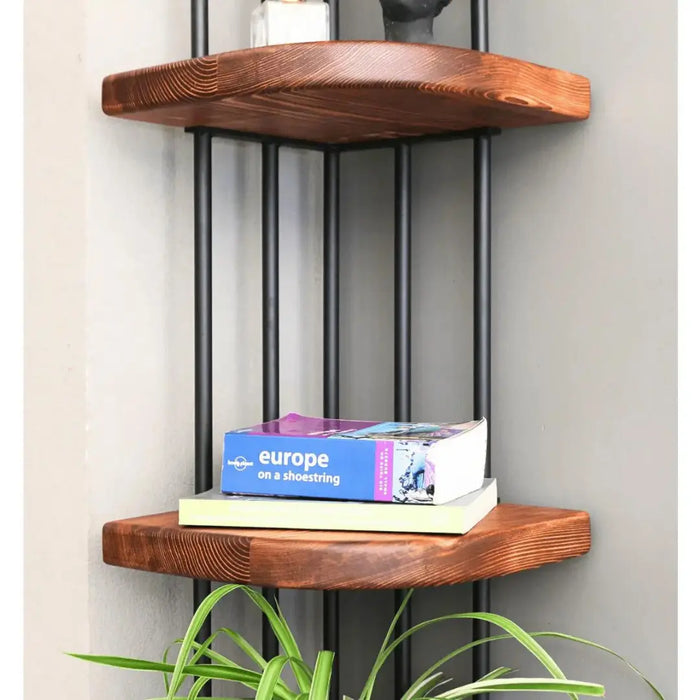 Empty Fargo solid wood corner bookcase showcasing its elegant craftsmanship and natural finish.