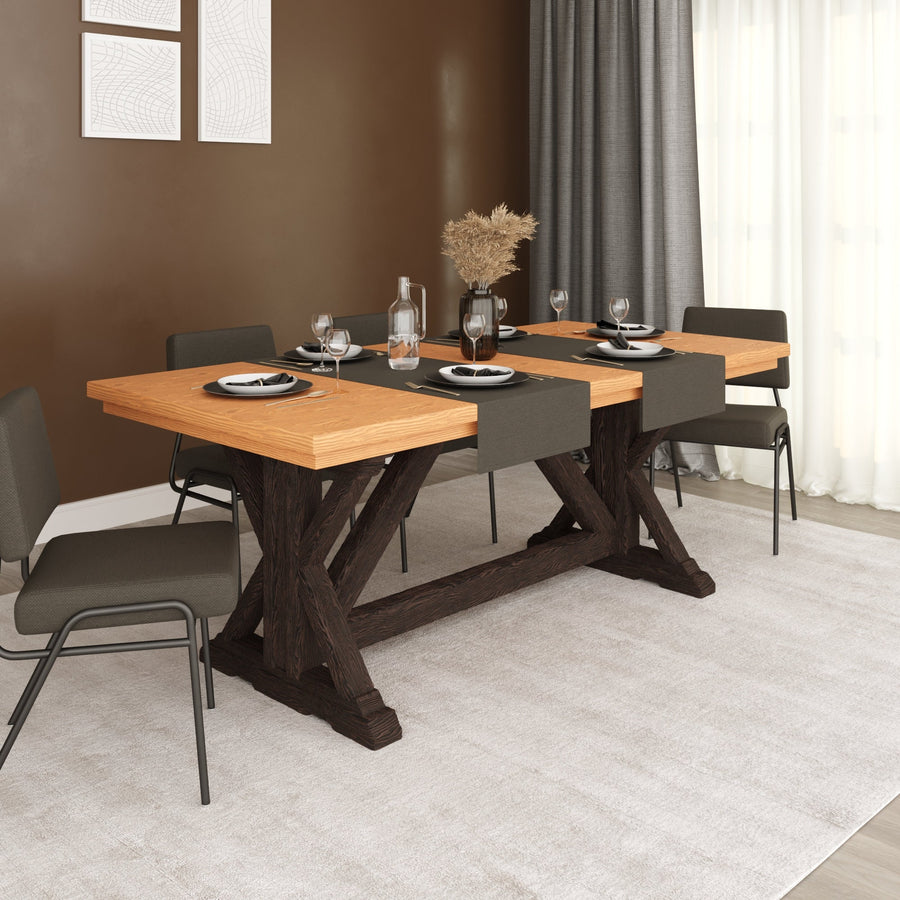 Harley Farmhouse Dining Table in rectangle pine wood design, showcasing a classic farmhouse style in a warm natural finish