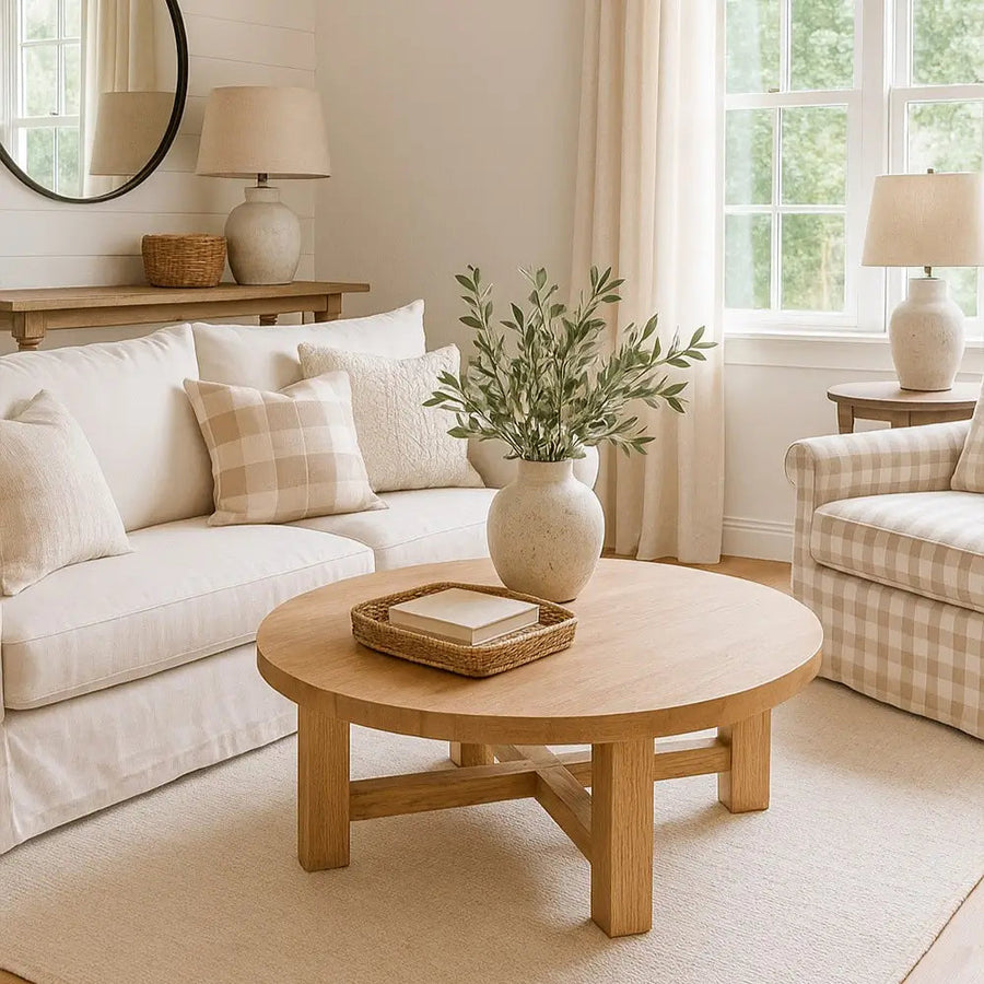 Harlow Round Wood Coffee Table - Farmhouse Style Mozilya