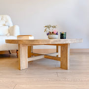 The coffee table in a cozy living room setting with a comfortable sofa.