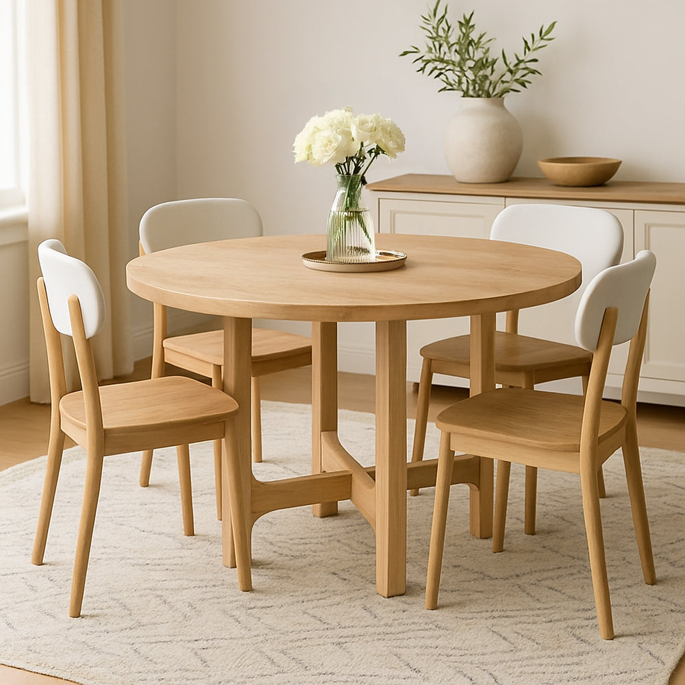 This farmhouse round dining table adds a timeless natural beauty to your dining room