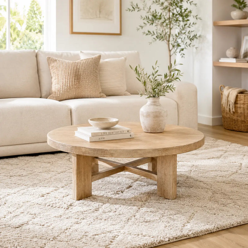 Harlow Round Wood Coffee Table - Farmhouse Style