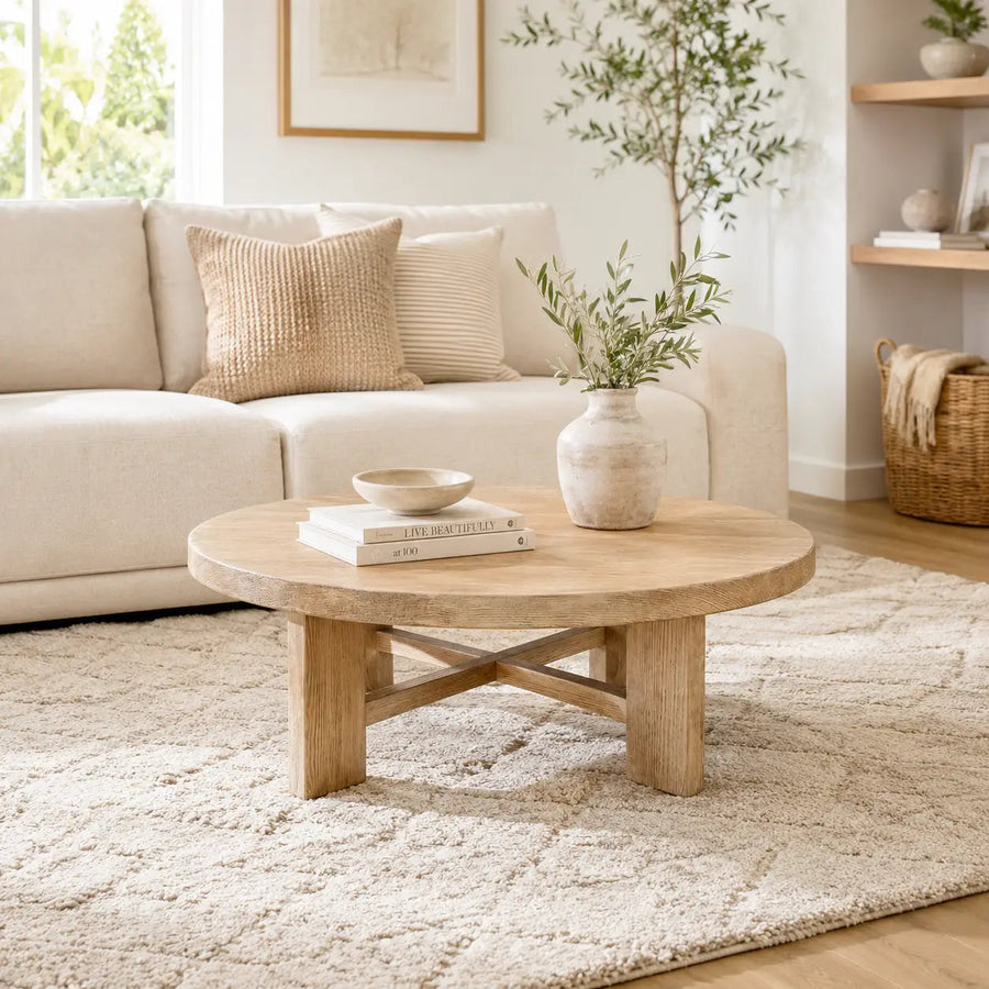 Harlow Round Wood Coffee Table - Farmhouse Style Mozilya