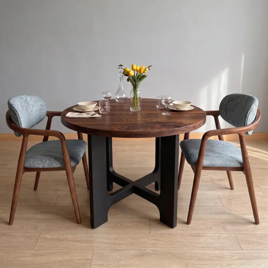 Harlow Solid Walnut Wood Round Dining Table | Farmhouse Country Style