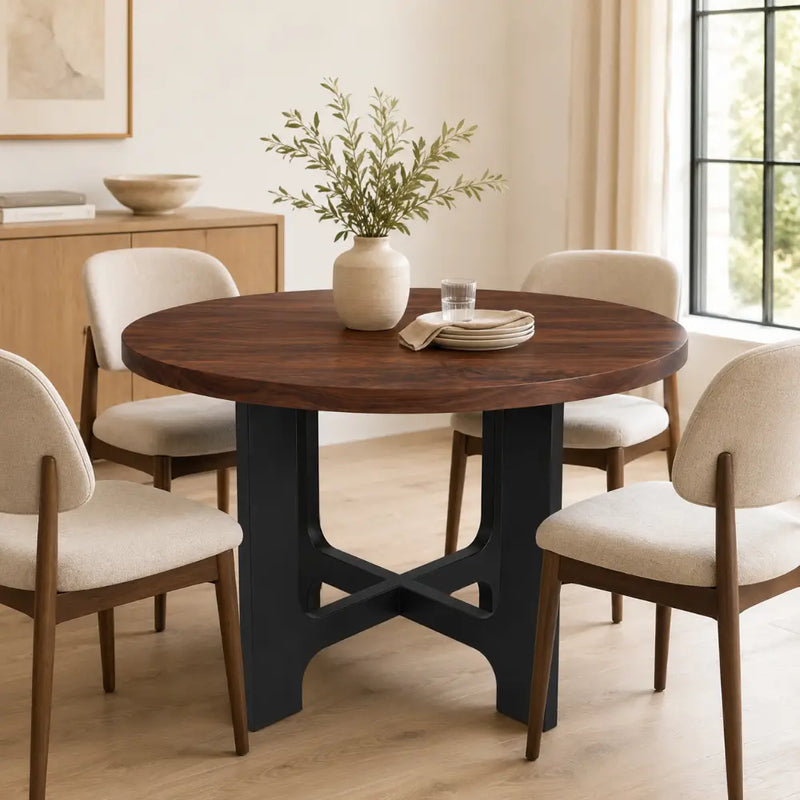 Harlow Solid Walnut Wood Round Dining Table | Farmhouse Country Style