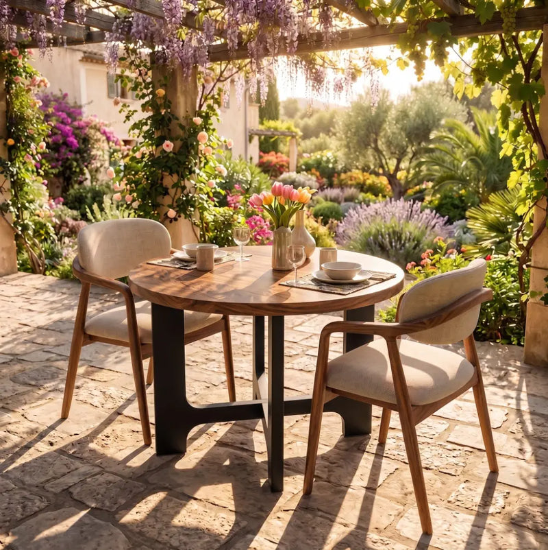Harlow Solid Walnut Wood Round Dining Table | Farmhouse Country Style