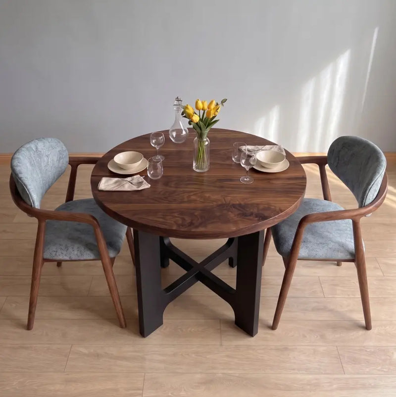 Harlow Solid Walnut Wood Round Dining Table | Farmhouse Country Style