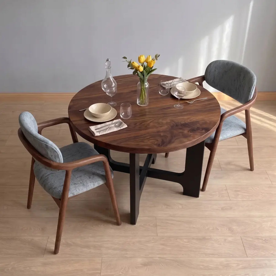 Harlow Solid Walnut Wood Round Dining Table | Farmhouse Country Style
