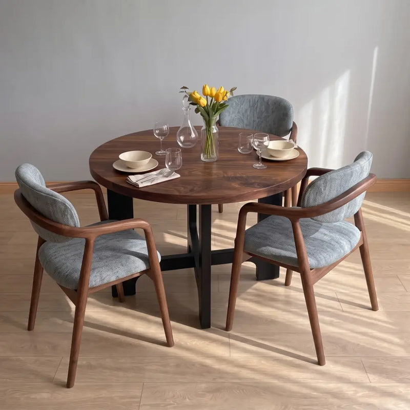 Harlow Solid Walnut Wood Round Dining Table | Farmhouse Country Style