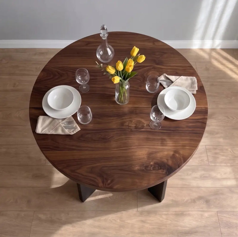 Harlow Solid Walnut Wood Round Dining Table | Farmhouse Country Style