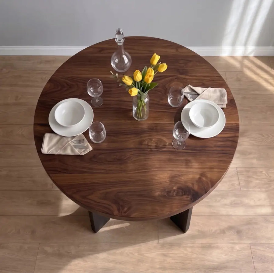 Harlow Solid Walnut Wood Round Dining Table | Farmhouse Country Style