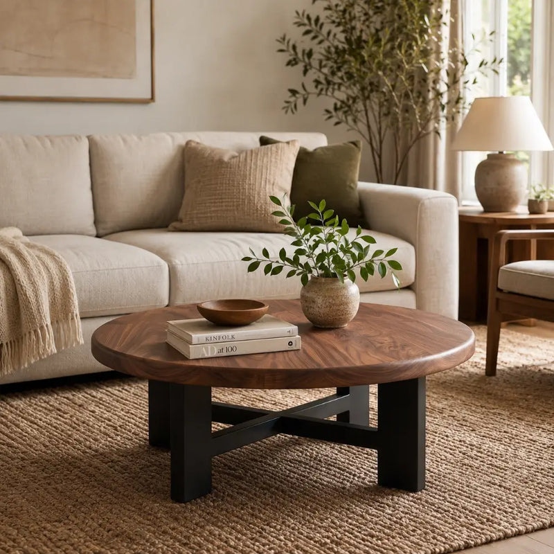 Harlow Walnut Round Coffee Table | Farmhouse Rustic Style