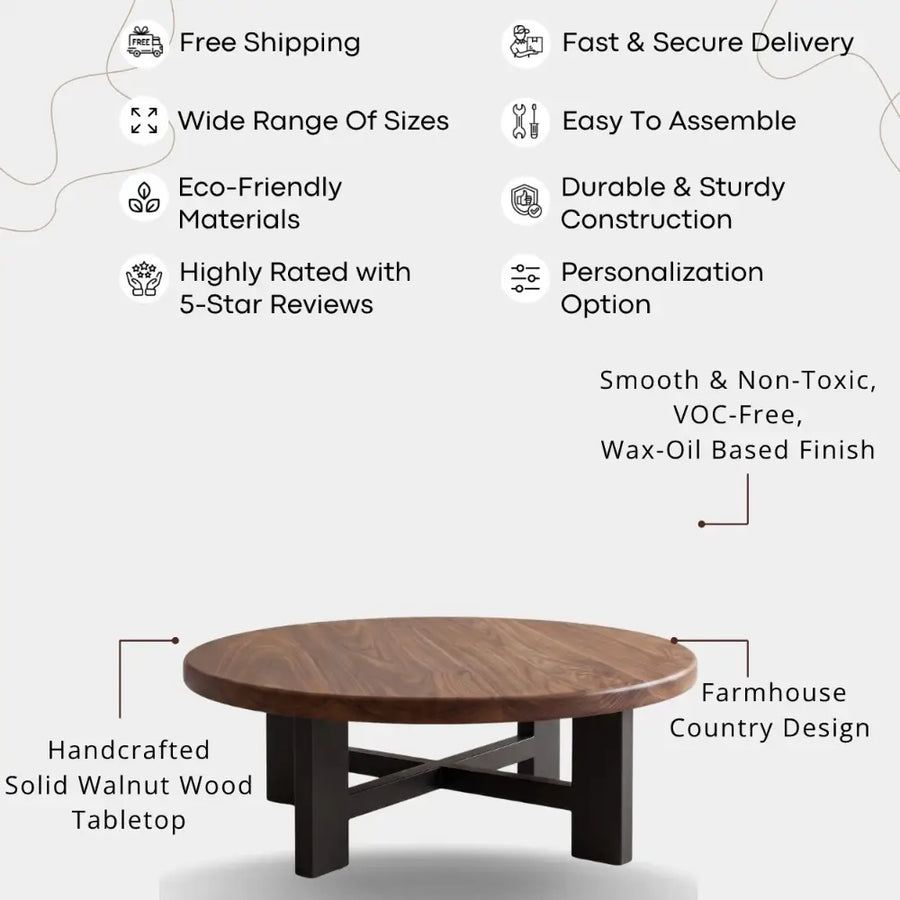 Harlow Walnut Round Coffee Table | Farmhouse Rustic Style
