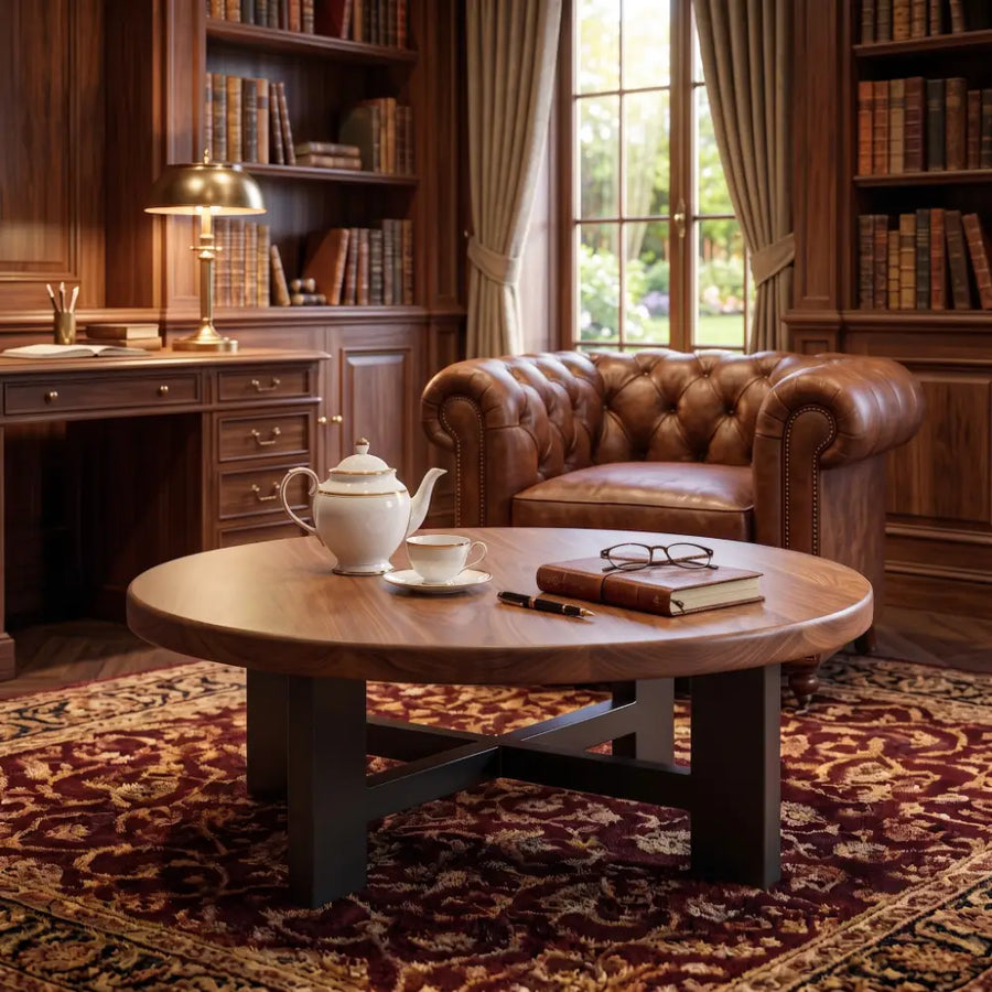 Harlow Walnut Round Coffee Table | Farmhouse Rustic Style