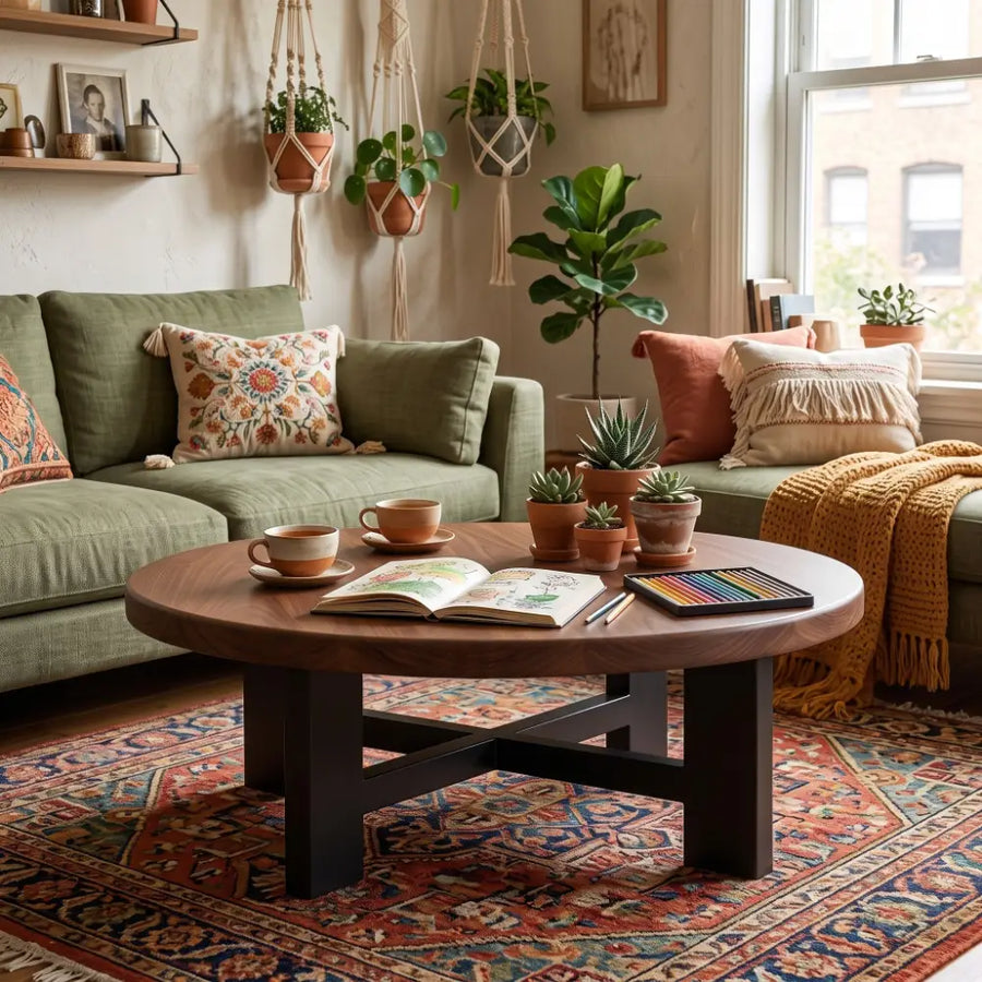 Harlow Walnut Round Coffee Table | Farmhouse Rustic Style